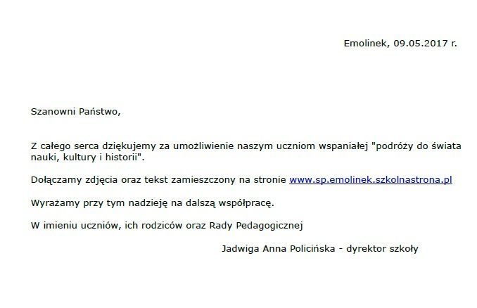 Podziękowanie od dzieci z Emolinku